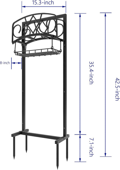 Freestanding Garden Hose Organizer with Black Powder-Coated Finish - Heavy-Duty Detachable Hose Stand Holds 150FT Hose, Includes Storage Basket & Assembly Tools for Outdoor Use