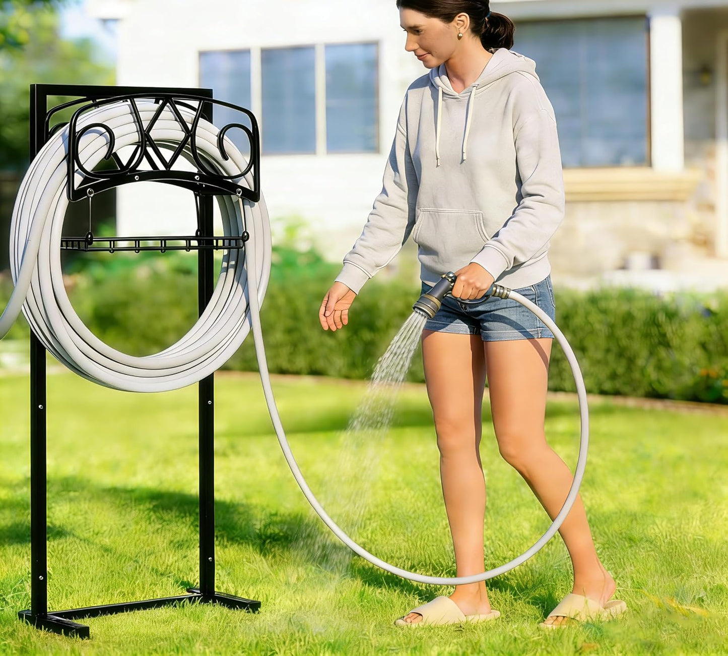 Freestanding Garden Hose Organizer with Black Powder-Coated Finish - Heavy-Duty Detachable Hose Stand Holds 150FT Hose, Includes Storage Basket & Assembly Tools for Outdoor Use
