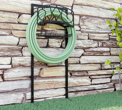 Freestanding Garden Hose Organizer with Black Powder-Coated Finish - Heavy-Duty Detachable Hose Stand Holds 150FT Hose, Includes Storage Basket & Assembly Tools for Outdoor Use