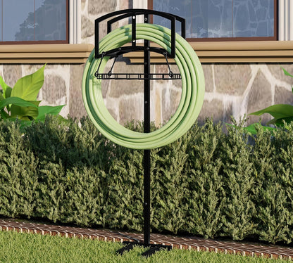 Freestanding Garden Hose Organizer with Black Powder-Coated Finish - Heavy-Duty Detachable Hose Stand Holds 150FT Hose, Includes Storage Basket & Assembly Tools for Outdoor Use