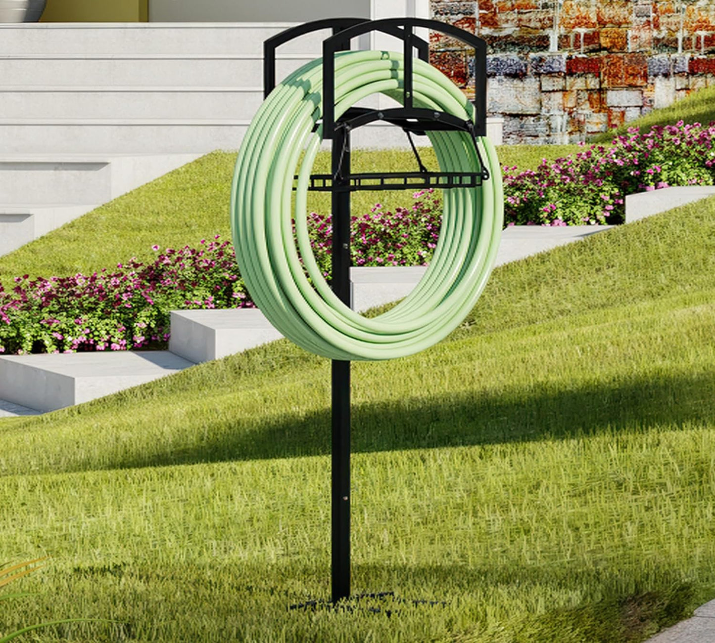 Freestanding Garden Hose Organizer with Black Powder-Coated Finish - Heavy-Duty Detachable Hose Stand Holds 150FT Hose, Includes Storage Basket & Assembly Tools for Outdoor Use