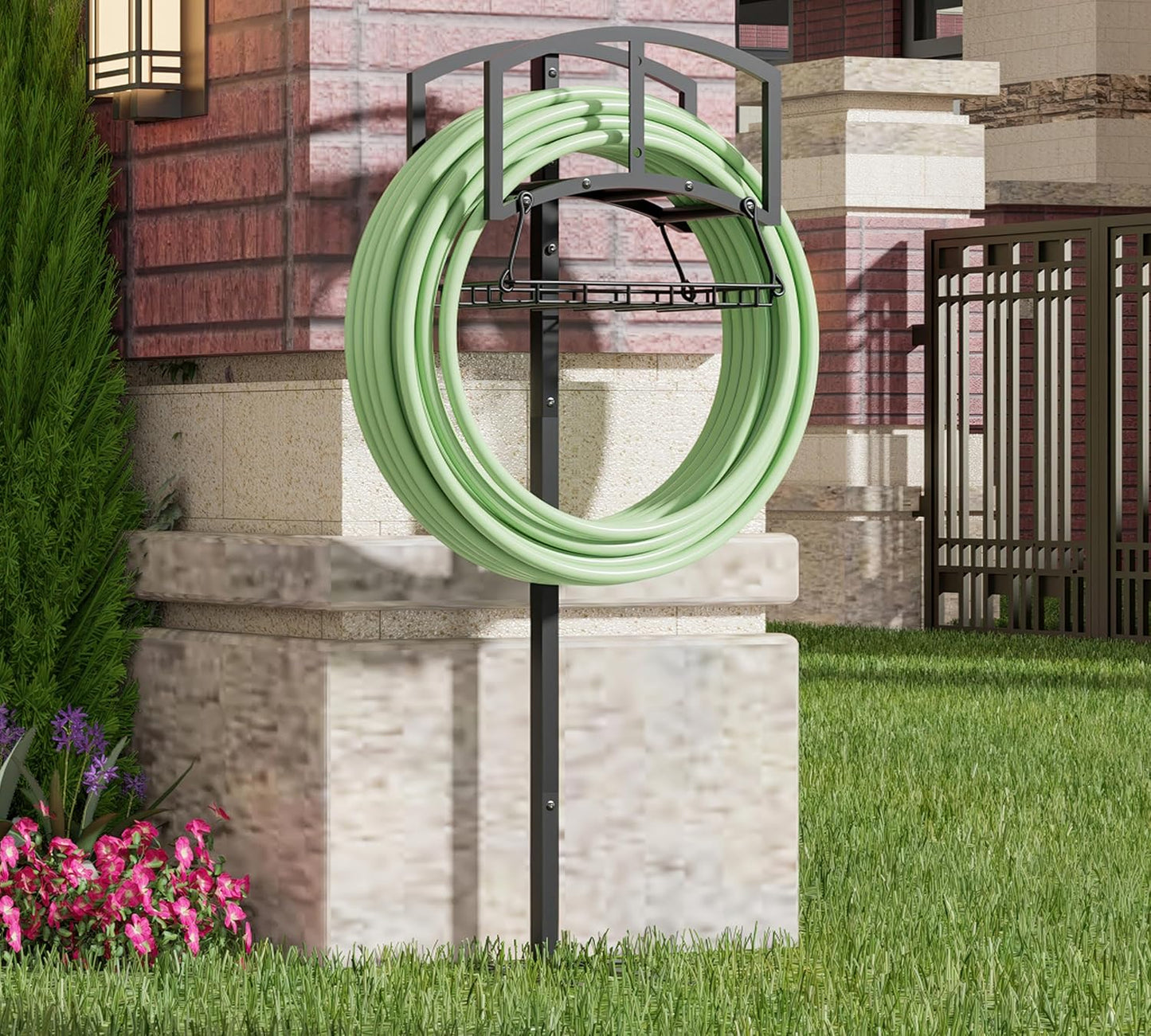Freestanding Garden Hose Organizer with Black Powder-Coated Finish - Heavy-Duty Detachable Hose Stand Holds 150FT Hose, Includes Storage Basket & Assembly Tools for Outdoor Use