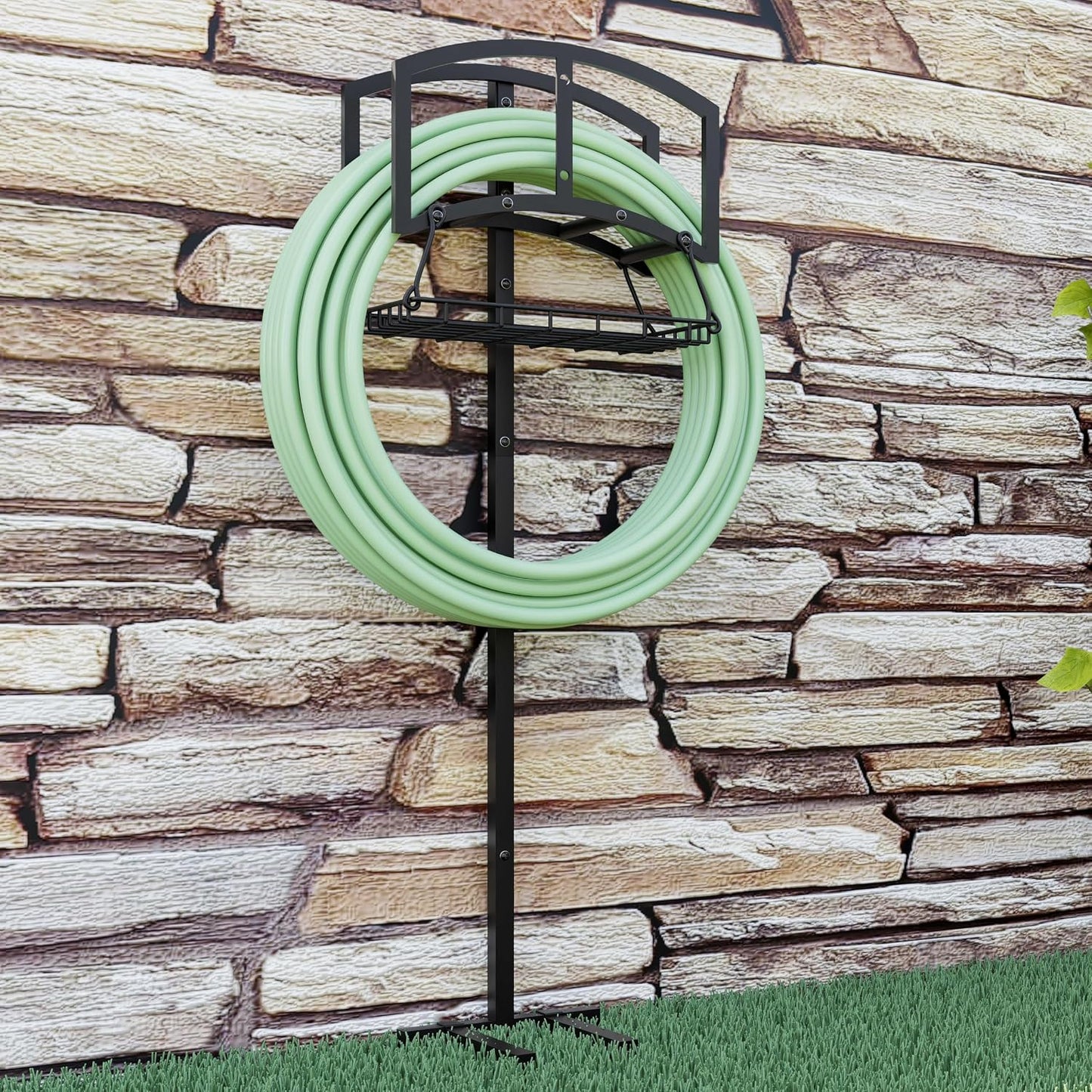 Freestanding Garden Hose Organizer with Black Powder-Coated Finish - Heavy-Duty Detachable Hose Stand Holds 150FT Hose, Includes Storage Basket & Assembly Tools for Outdoor Use