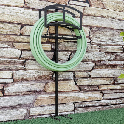 Freestanding Garden Hose Organizer with Black Powder-Coated Finish - Heavy-Duty Detachable Hose Stand Holds 150FT Hose, Includes Storage Basket & Assembly Tools for Outdoor Use