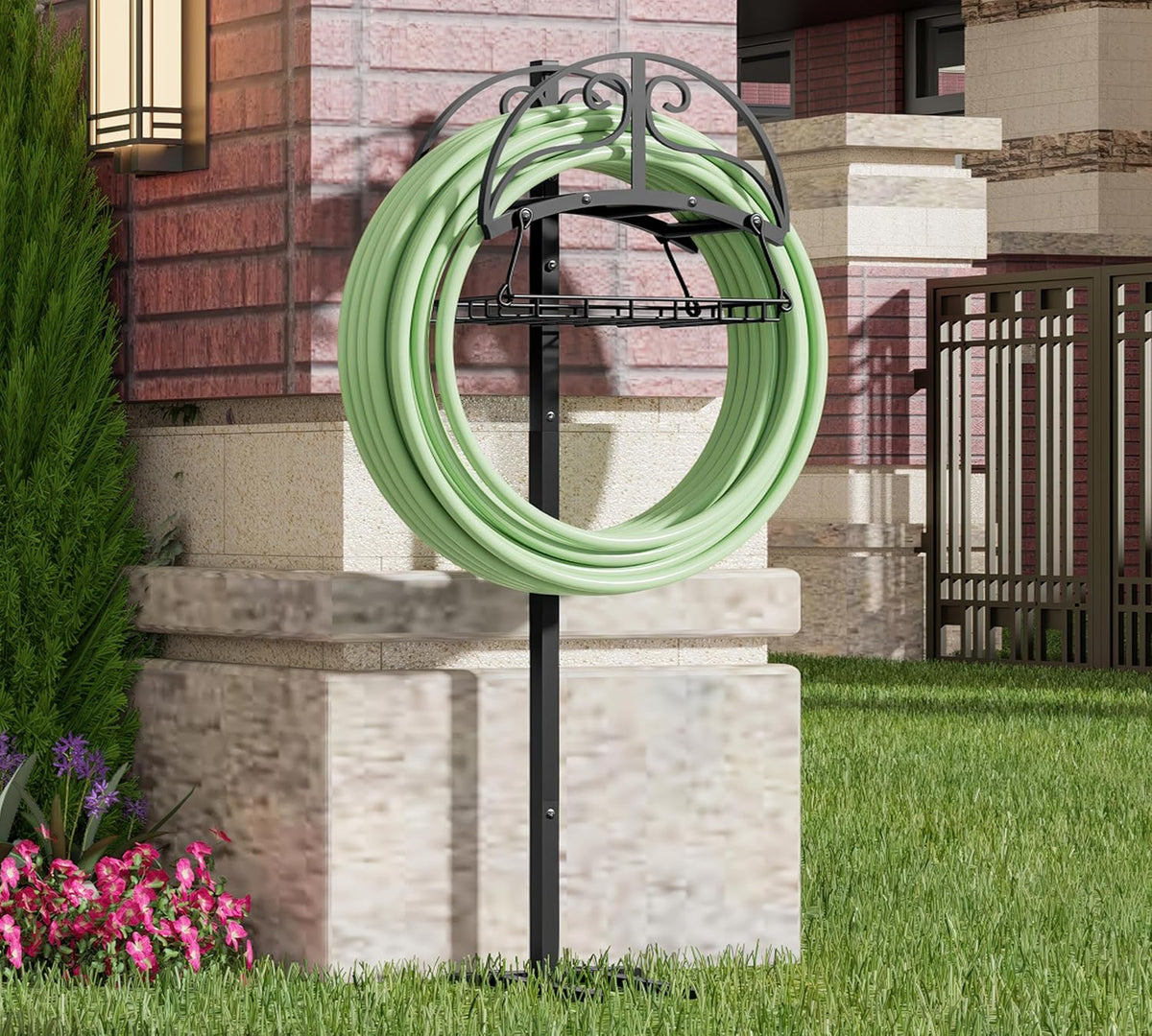 Freestanding Garden Hose Organizer with Black Powder-Coated Finish - Heavy-Duty Detachable Hose Stand Holds 150FT Hose, Includes Storage Basket & Assembly Tools for Outdoor Use