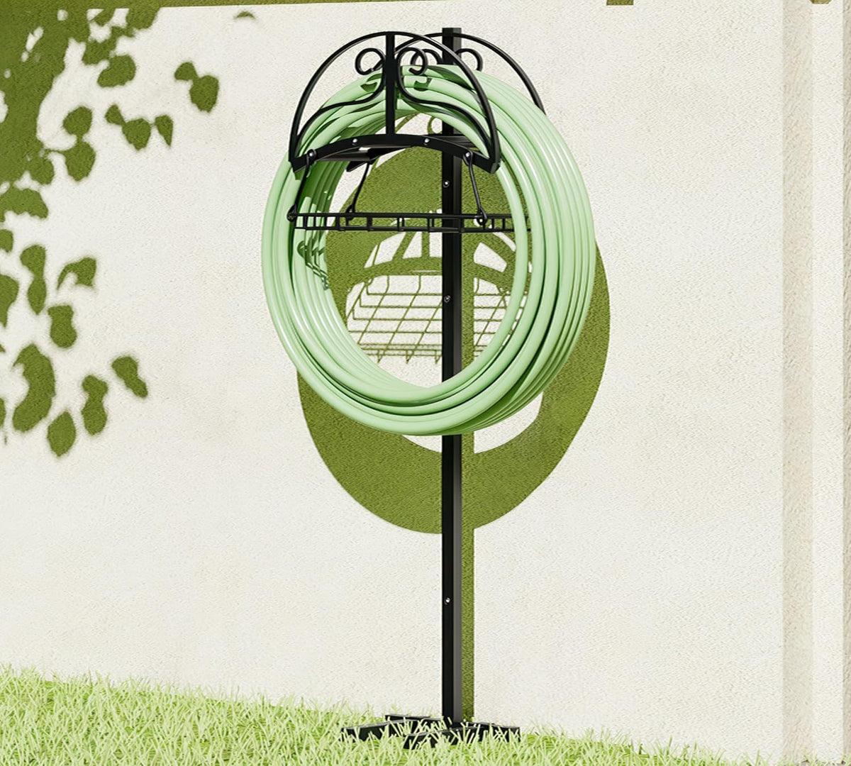 Freestanding Garden Hose Organizer with Black Powder-Coated Finish - Heavy-Duty Detachable Hose Stand Holds 150FT Hose, Includes Storage Basket & Assembly Tools for Outdoor Use