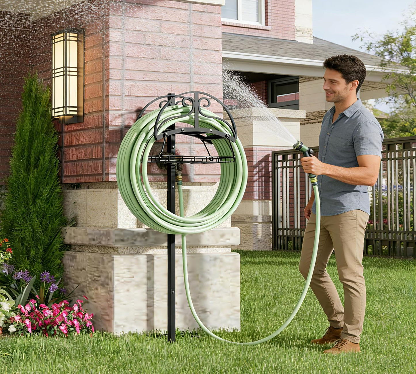 Freestanding Garden Hose Organizer with Black Powder-Coated Finish - Heavy-Duty Detachable Hose Stand Holds 150FT Hose, Includes Storage Basket & Assembly Tools for Outdoor Use