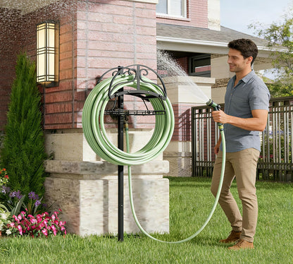 Freestanding Garden Hose Organizer with Black Powder-Coated Finish - Heavy-Duty Detachable Hose Stand Holds 150FT Hose, Includes Storage Basket & Assembly Tools for Outdoor Use