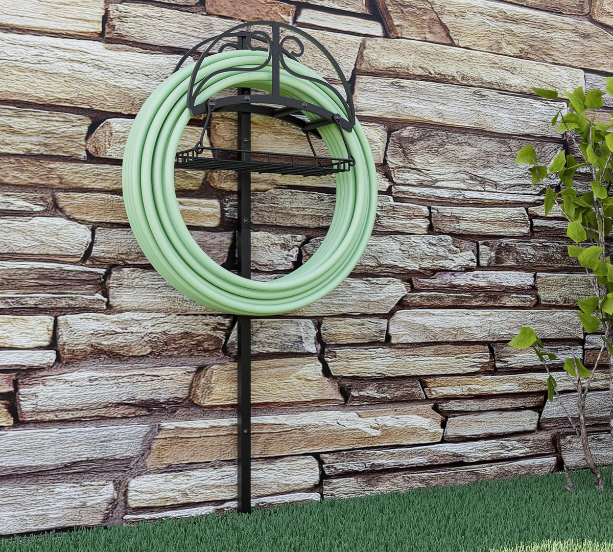 Freestanding Garden Hose Organizer with Black Powder-Coated Finish - Heavy-Duty Detachable Hose Stand Holds 150FT Hose, Includes Storage Basket & Assembly Tools for Outdoor Use