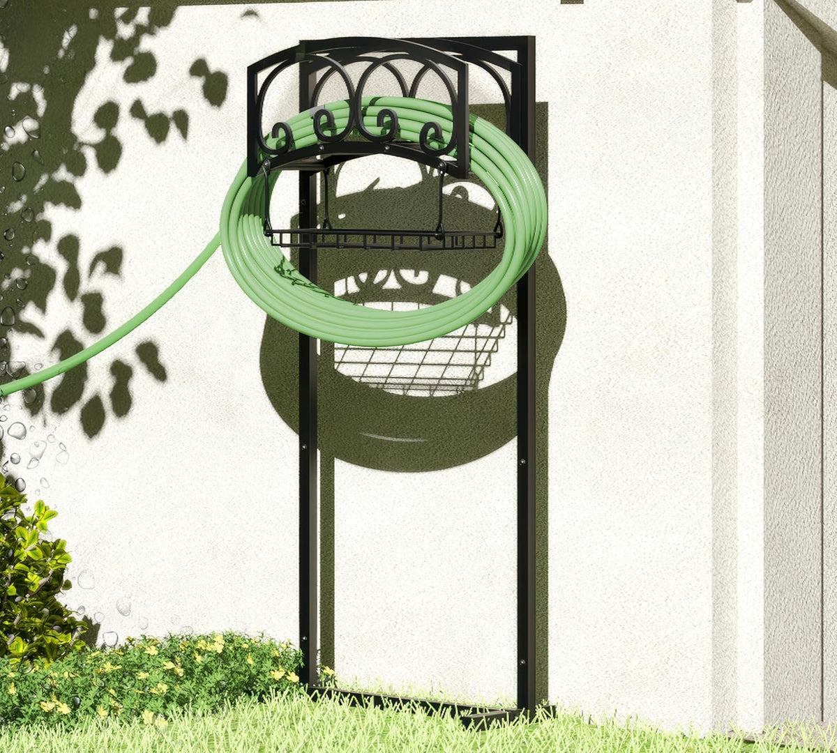 Freestanding Garden Hose Organizer with Black Powder-Coated Finish - Heavy-Duty Detachable Hose Stand Holds 150FT Hose, Includes Storage Basket & Assembly Tools for Outdoor Use