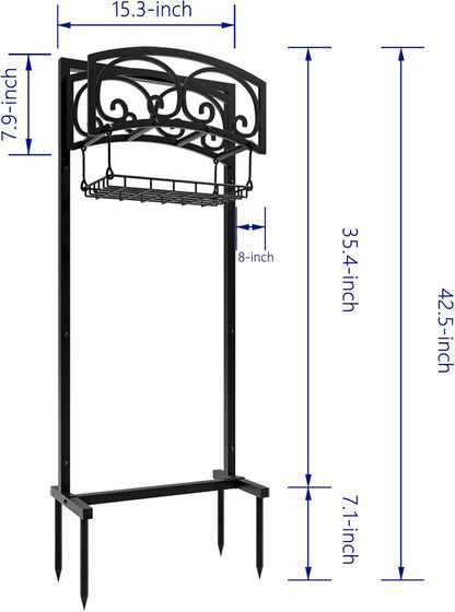 Freestanding Garden Hose Organizer with Black Powder-Coated Finish - Heavy-Duty Detachable Hose Stand Holds 150FT Hose, Includes Storage Basket & Assembly Tools for Outdoor Use