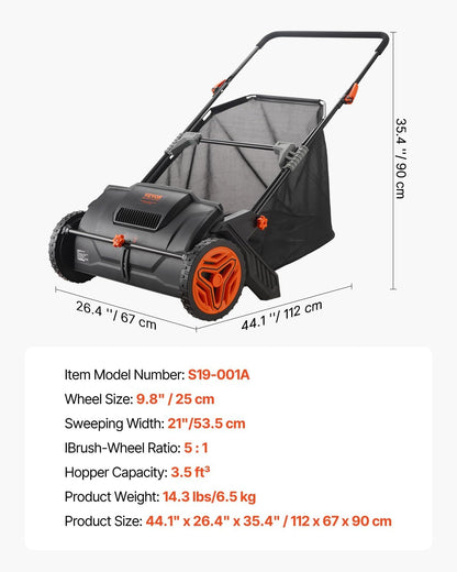 Push Lawn Sweeper 21" Leaf & Grass Collector 3.5 cu. ft. Hopper Bag