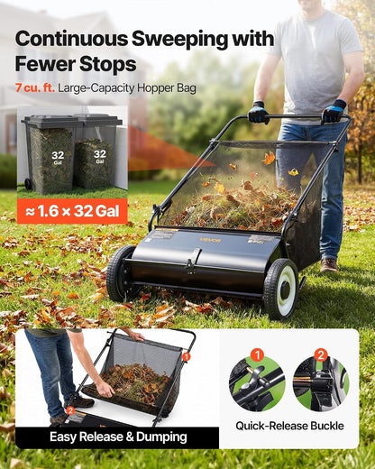 Push Lawn Sweeper 21" Leaf & Grass Collector 3.5 cu. ft. Hopper Bag