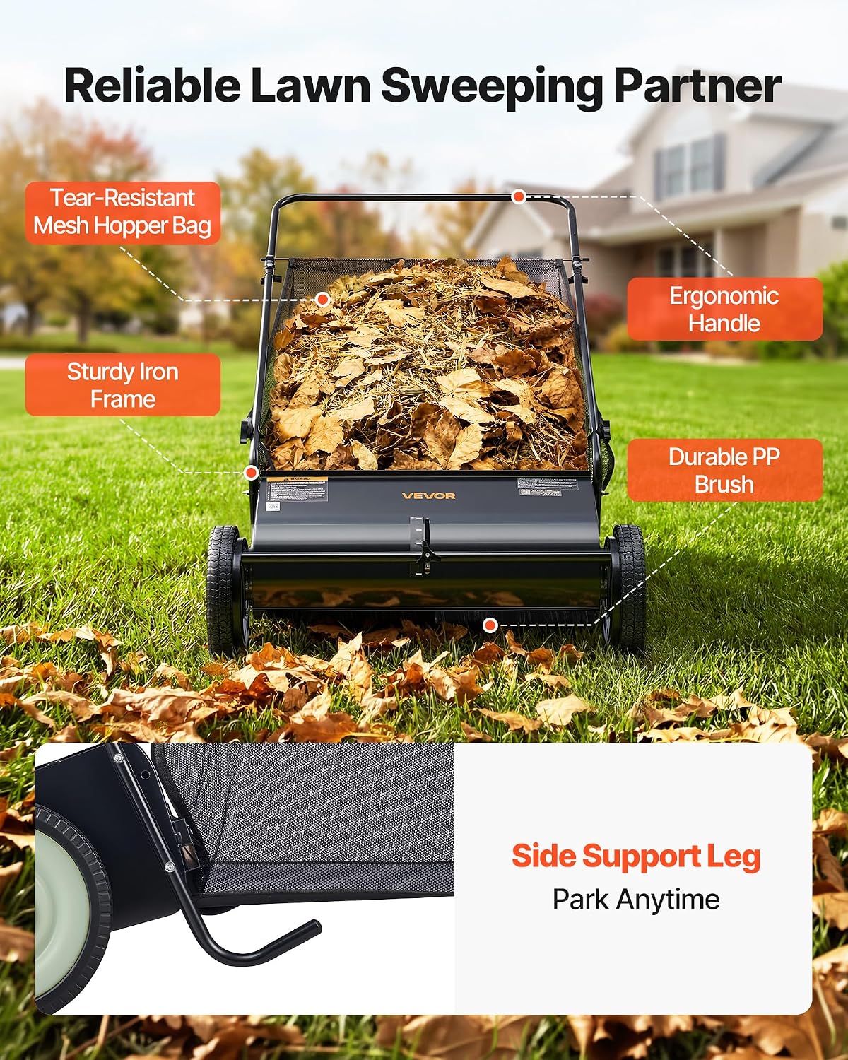 Push Lawn Sweeper 21" Leaf & Grass Collector 3.5 cu. ft. Hopper Bag
