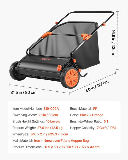 Push Lawn Sweeper 21" Leaf & Grass Collector 3.5 cu. ft. Hopper Bag