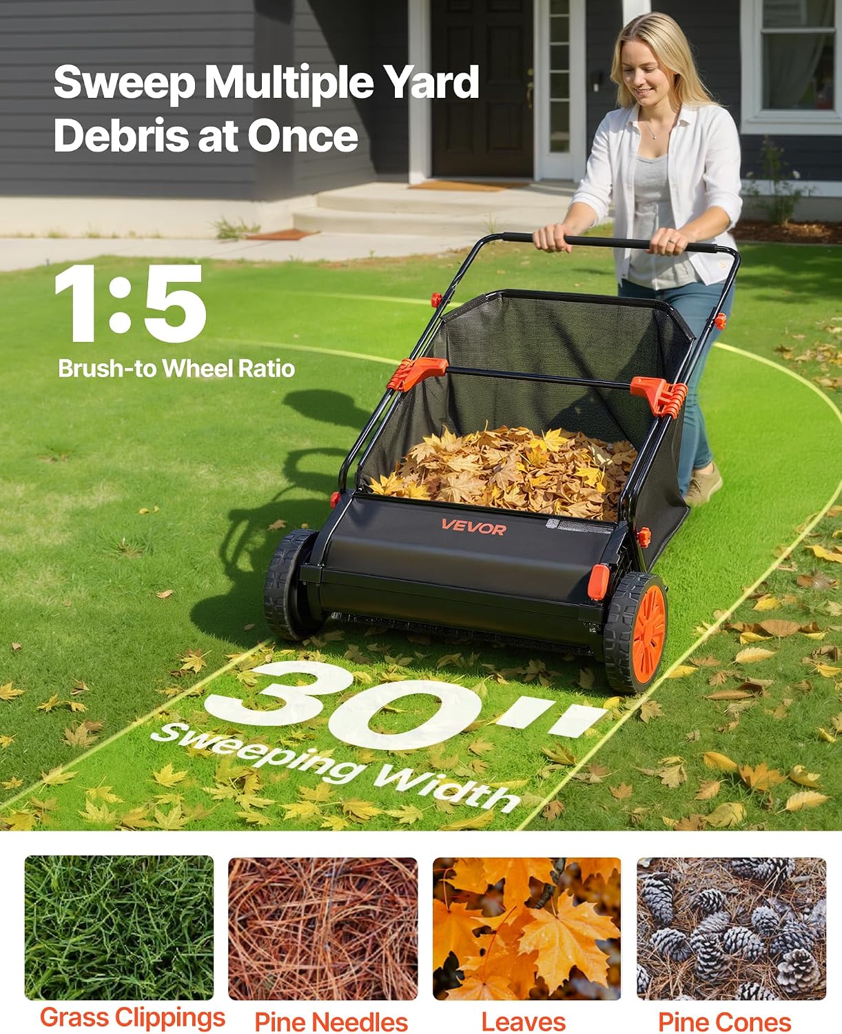 Push Lawn Sweeper 21" Leaf & Grass Collector 3.5 cu. ft. Hopper Bag