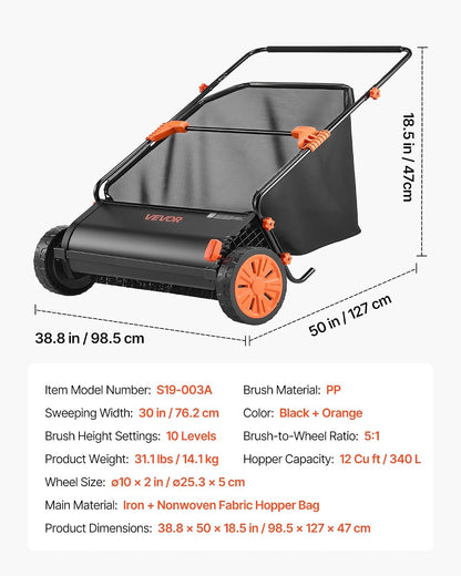 Push Lawn Sweeper 21" Leaf & Grass Collector 3.5 cu. ft. Hopper Bag