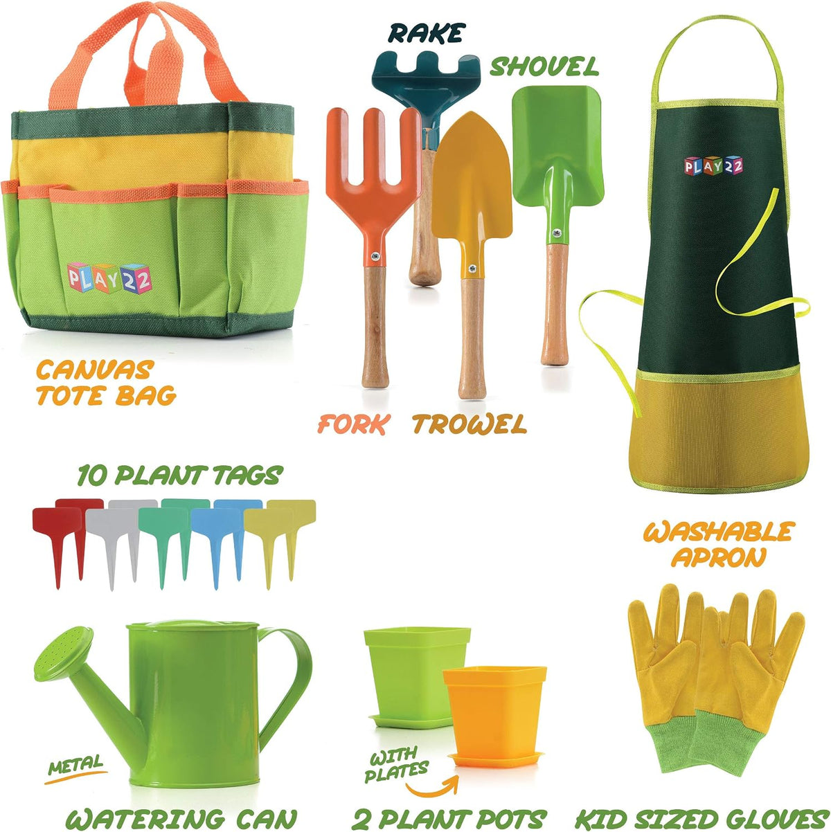 Kids Gardening Tool Set 12 PCS - Kids Gardening Tools Shovel Rake Fork Trowel Apron Gloves Watering Can and Tote Bag, Toddler Gardening Tools for Kids Best Outdoor Toys Gift for Boys and Girls