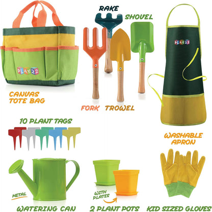Kids Gardening Tool Set 12 PCS - Kids Gardening Tools Shovel Rake Fork Trowel Apron Gloves Watering Can and Tote Bag, Toddler Gardening Tools for Kids Best Outdoor Toys Gift for Boys and Girls