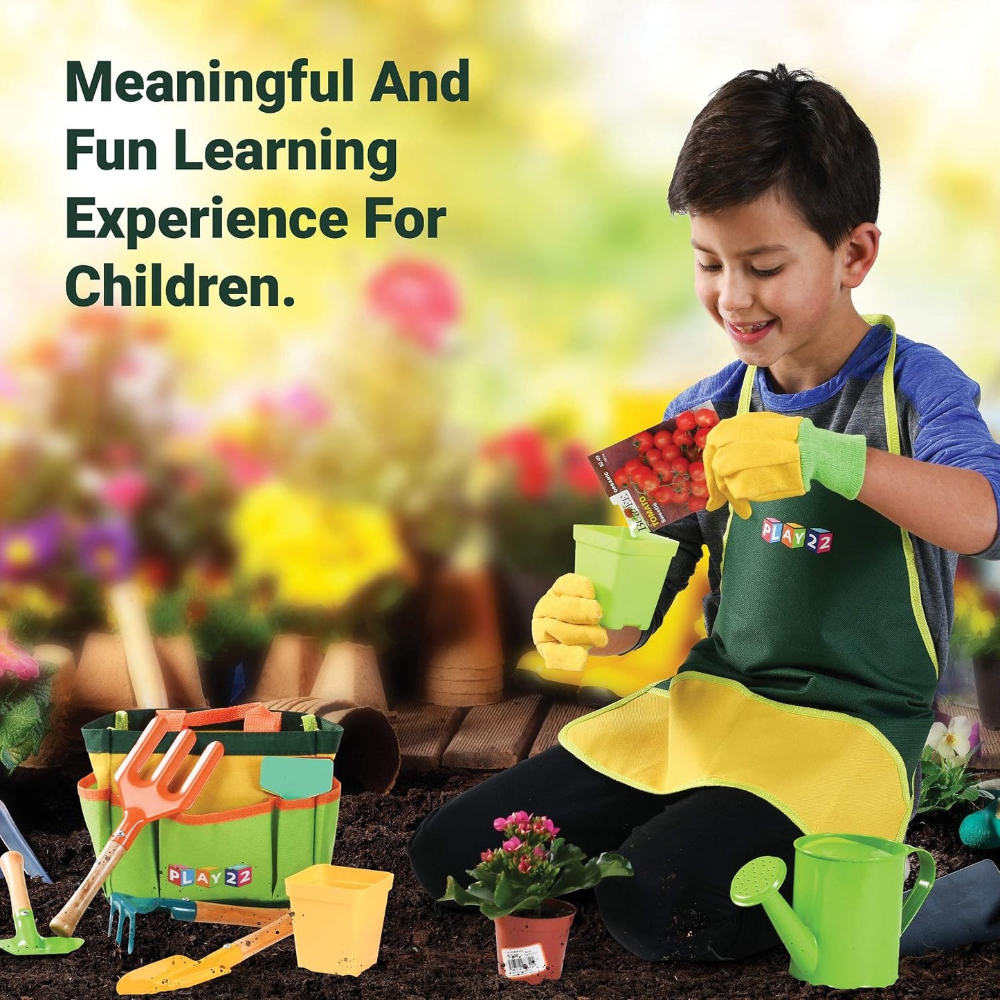 Kids Gardening Tool Set 12 PCS - Kids Gardening Tools Shovel Rake Fork Trowel Apron Gloves Watering Can and Tote Bag, Toddler Gardening Tools for Kids Best Outdoor Toys Gift for Boys and Girls
