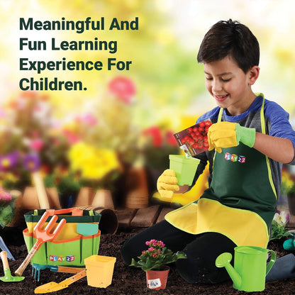 Kids Gardening Tool Set 12 PCS - Kids Gardening Tools Shovel Rake Fork Trowel Apron Gloves Watering Can and Tote Bag, Toddler Gardening Tools for Kids Best Outdoor Toys Gift for Boys and Girls