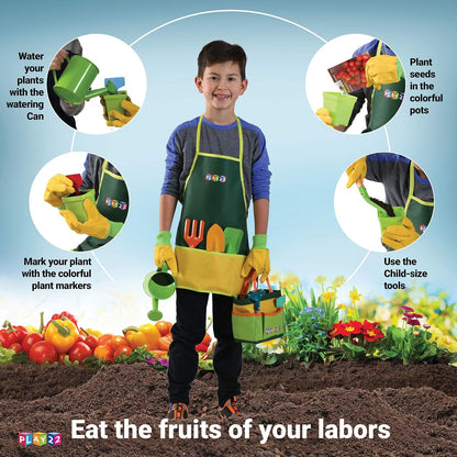 Kids Gardening Tool Set 12 PCS - Kids Gardening Tools Shovel Rake Fork Trowel Apron Gloves Watering Can and Tote Bag, Toddler Gardening Tools for Kids Best Outdoor Toys Gift for Boys and Girls
