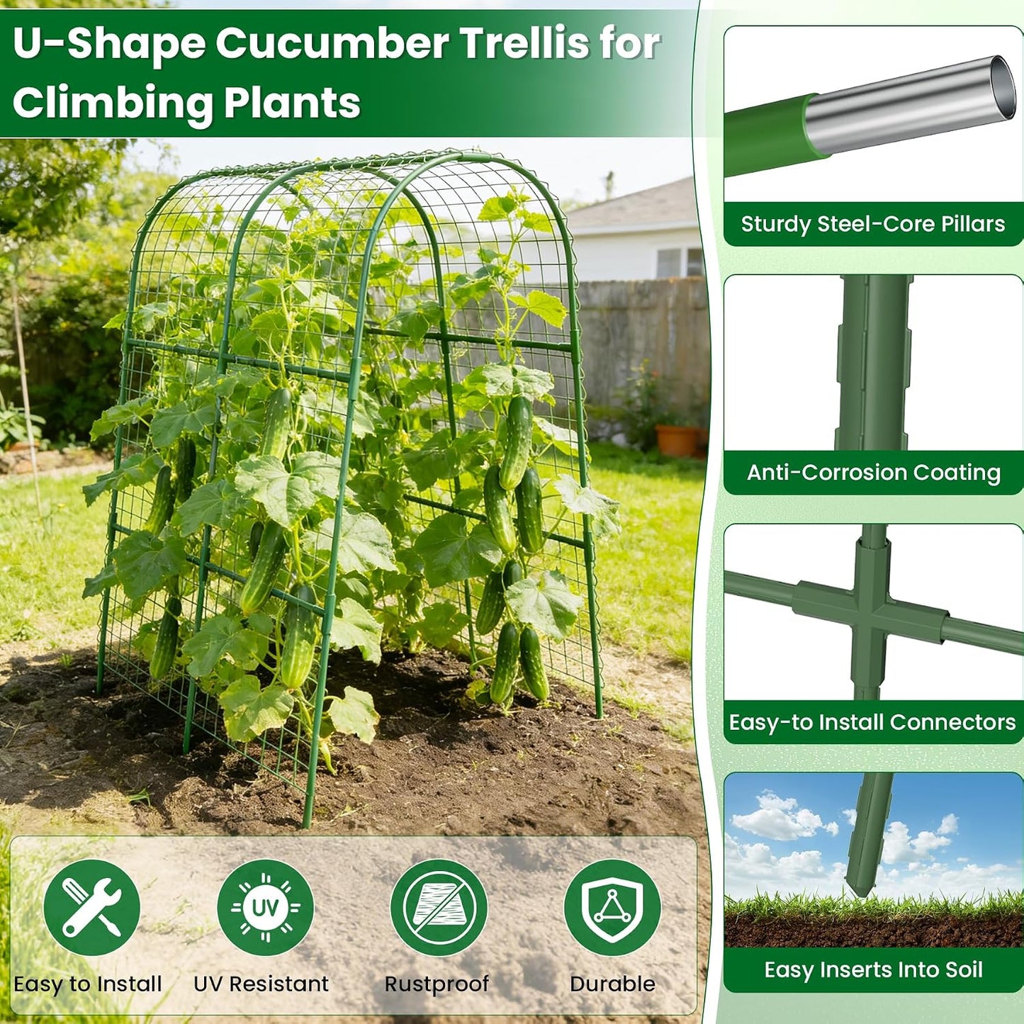 Cucumber Trellis for Raised Bed 48" L x 48" H U-Shape Garden Trellis for Climbing Plants Outdoor, Metal Arch Trellis for Vegetables, Plant Support for Tomato Pea Zucchini Grape Flowers