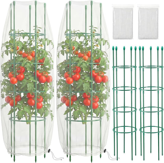 2 Pack Round Tomato Cages with 2 Pcs Garden Bird Netting Cover,57 in Adjustable 4-Tier Tomato Plants Trellis, Drawstring Plant Protection for Vertical Climbing Plants Vegetables Fruits
