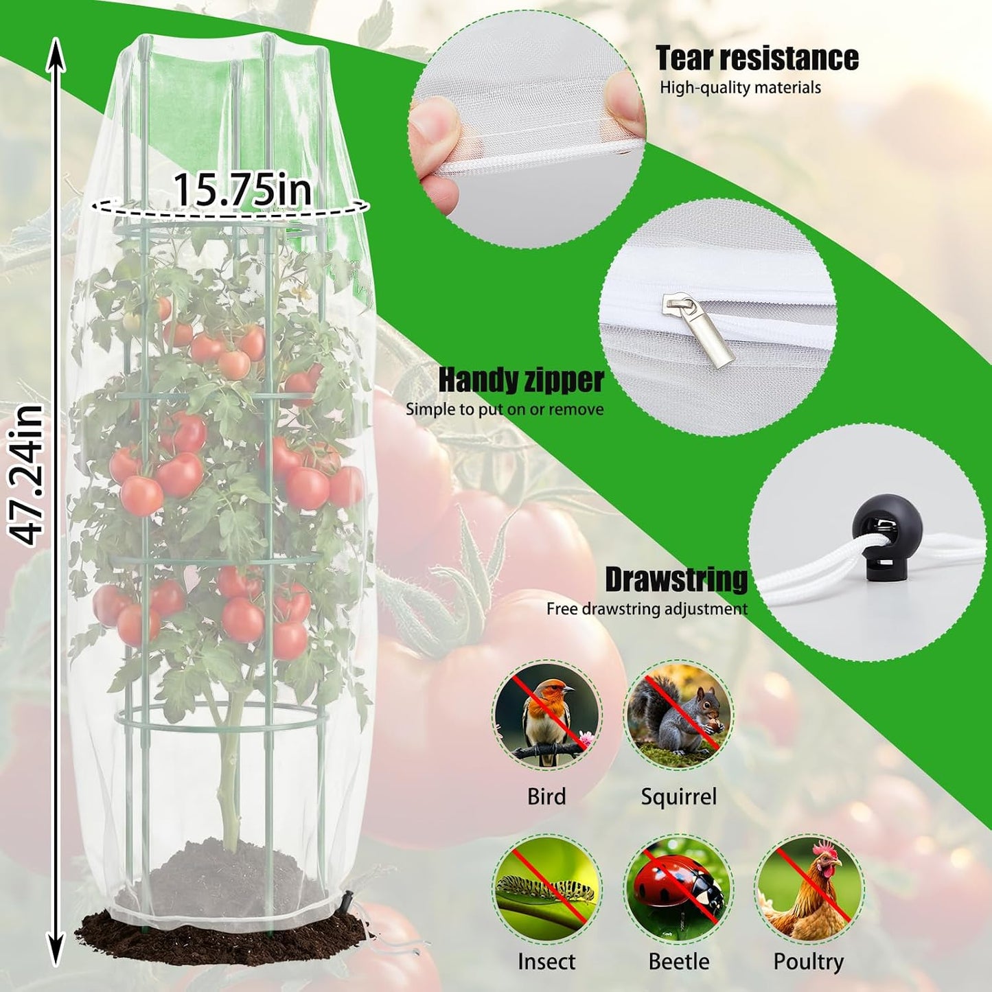 2 Pack Round Tomato Cages with 2 Pcs Garden Bird Netting Cover,57 in Adjustable 4-Tier Tomato Plants Trellis, Drawstring Plant Protection for Vertical Climbing Plants Vegetables Fruits