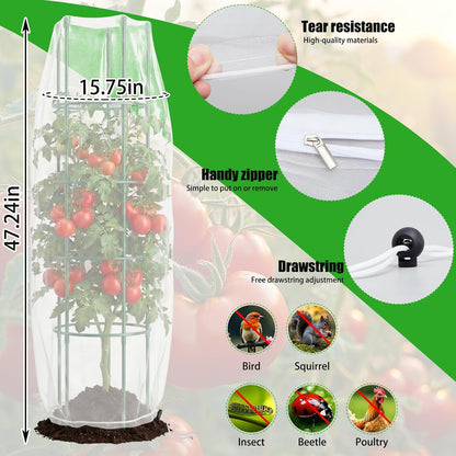 2 Pack Round Tomato Cages with 2 Pcs Garden Bird Netting Cover,57 in Adjustable 4-Tier Tomato Plants Trellis, Drawstring Plant Protection for Vertical Climbing Plants Vegetables Fruits