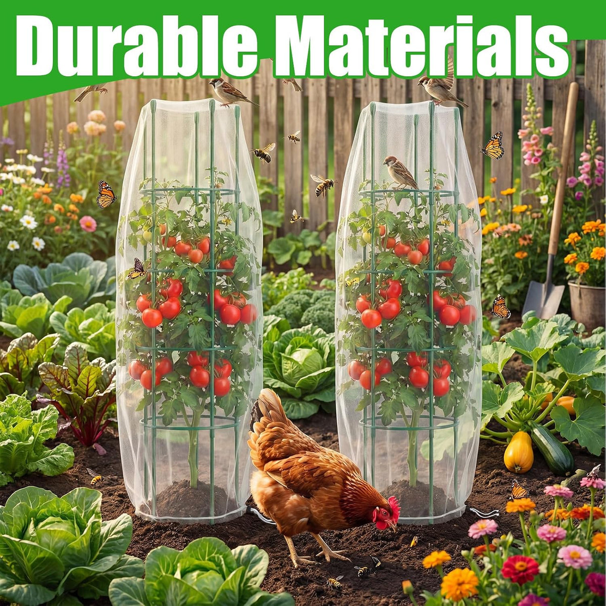 2 Pack Round Tomato Cages with 2 Pcs Garden Bird Netting Cover,57 in Adjustable 4-Tier Tomato Plants Trellis, Drawstring Plant Protection for Vertical Climbing Plants Vegetables Fruits