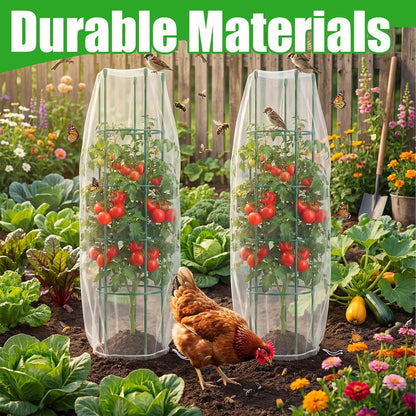 2 Pack Round Tomato Cages with 2 Pcs Garden Bird Netting Cover,57 in Adjustable 4-Tier Tomato Plants Trellis, Drawstring Plant Protection for Vertical Climbing Plants Vegetables Fruits