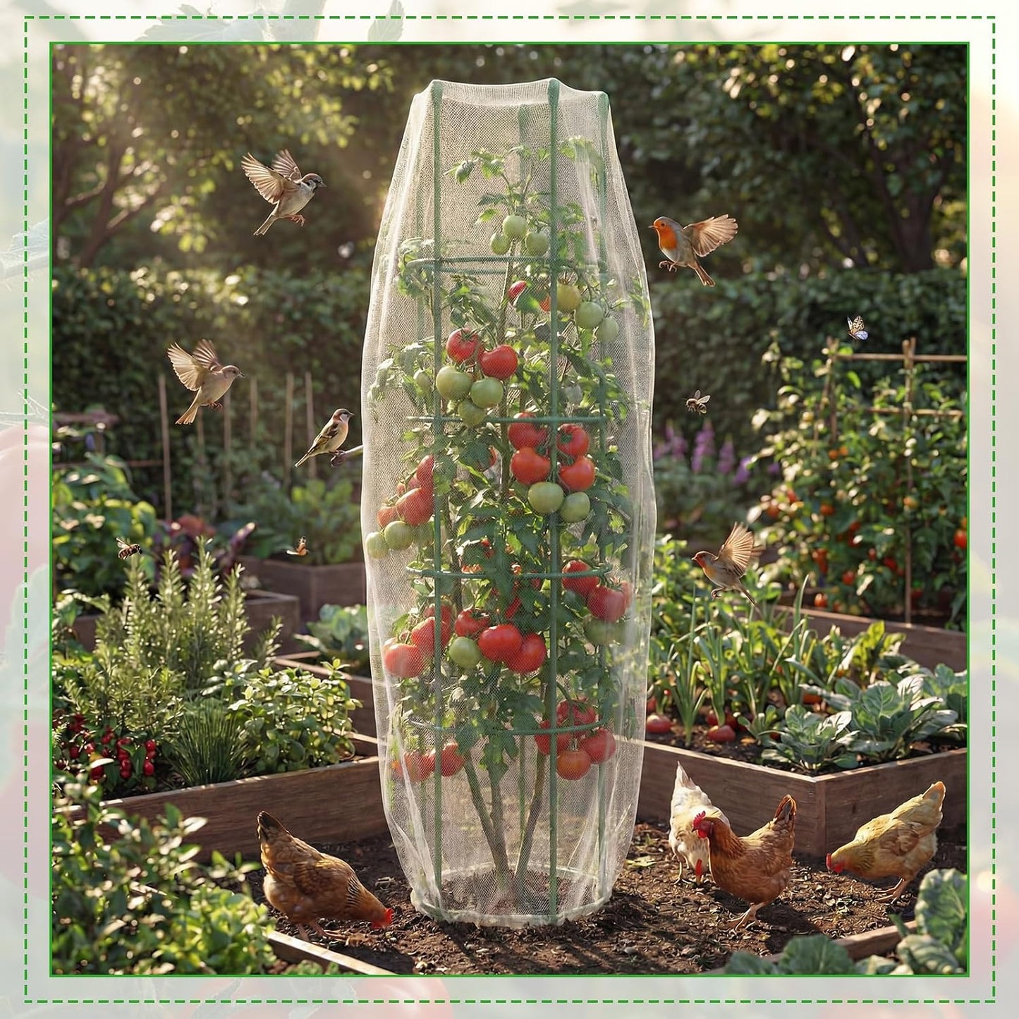 2 Pack Round Tomato Cages with 2 Pcs Garden Bird Netting Cover,57 in Adjustable 4-Tier Tomato Plants Trellis, Drawstring Plant Protection for Vertical Climbing Plants Vegetables Fruits