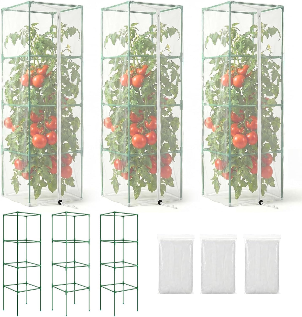 2 Pack Round Tomato Cages with 2 Pcs Garden Bird Netting Cover,57 in Adjustable 4-Tier Tomato Plants Trellis, Drawstring Plant Protection for Vertical Climbing Plants Vegetables Fruits