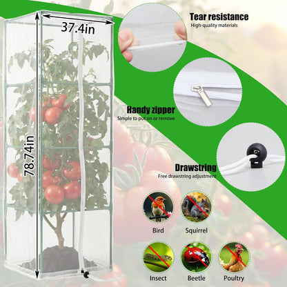 2 Pack Round Tomato Cages with 2 Pcs Garden Bird Netting Cover,57 in Adjustable 4-Tier Tomato Plants Trellis, Drawstring Plant Protection for Vertical Climbing Plants Vegetables Fruits