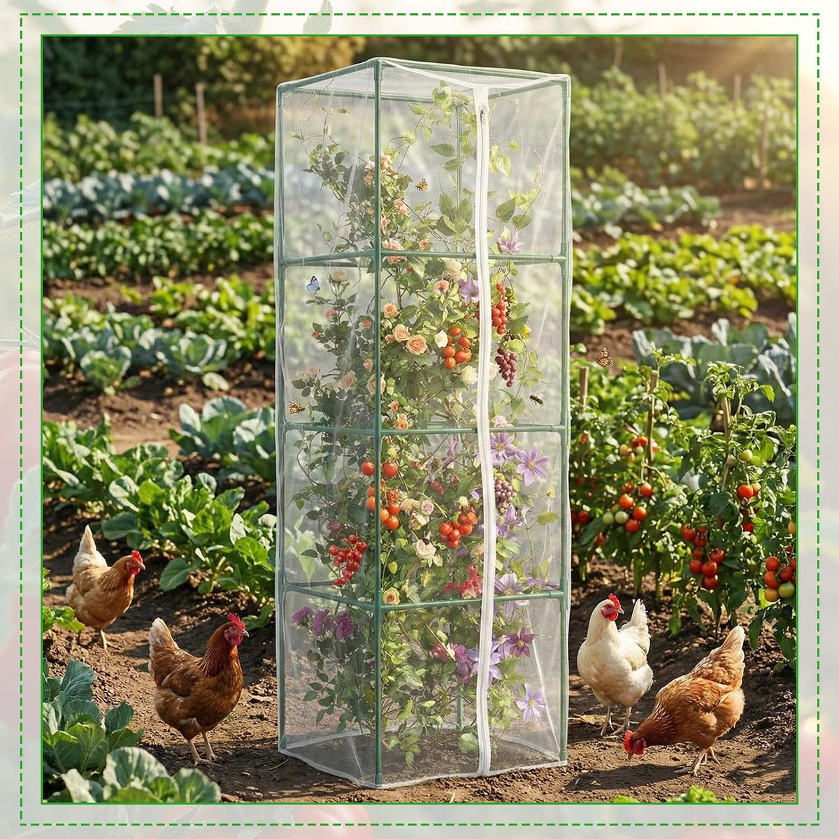 2 Pack Round Tomato Cages with 2 Pcs Garden Bird Netting Cover,57 in Adjustable 4-Tier Tomato Plants Trellis, Drawstring Plant Protection for Vertical Climbing Plants Vegetables Fruits