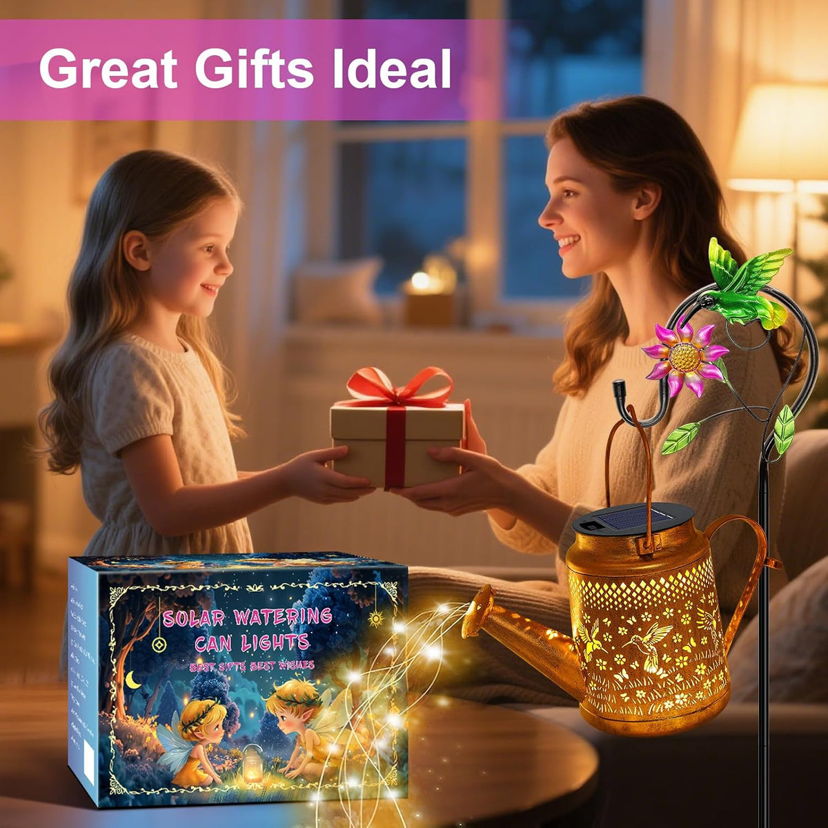 Solar Lights Outdoor Waterproof, Hummingbird Solar Watering Can with Lights