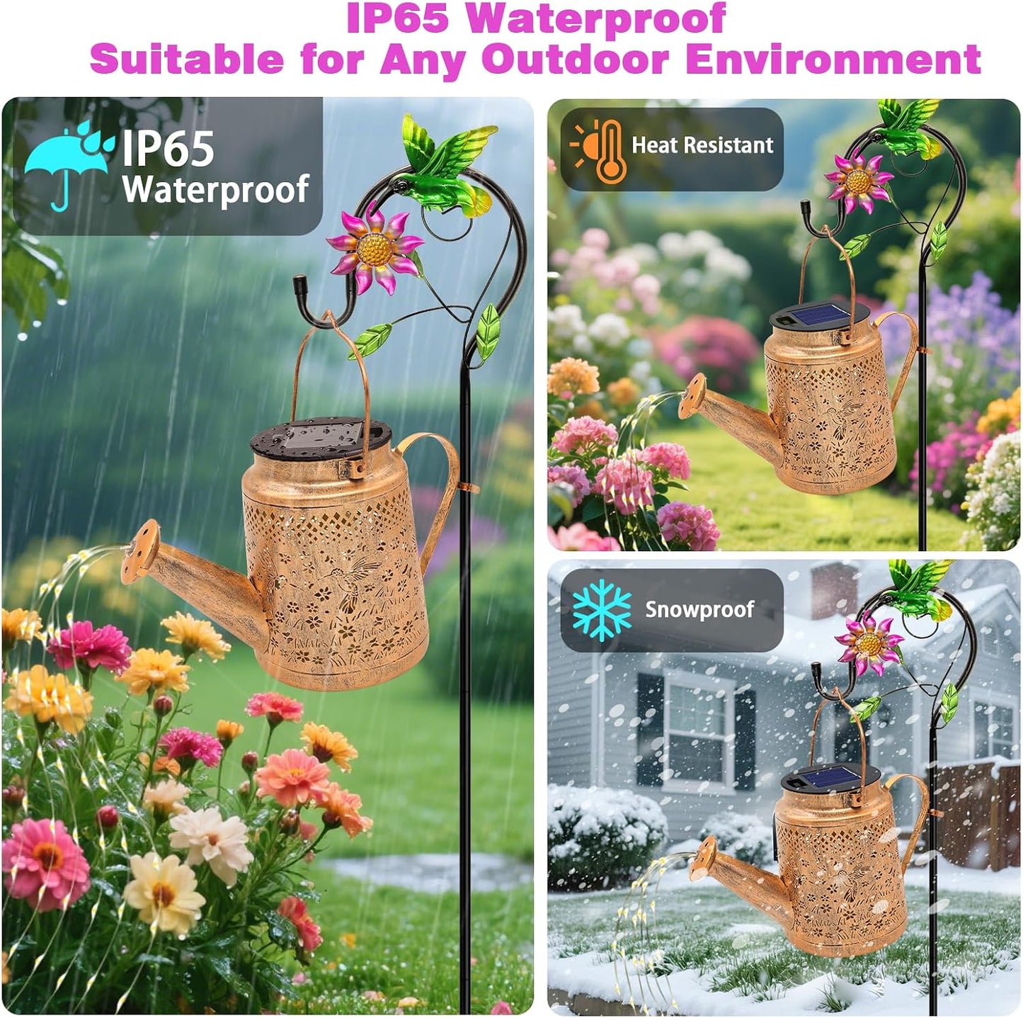 Solar Lights Outdoor Waterproof, Hummingbird Solar Watering Can with Lights