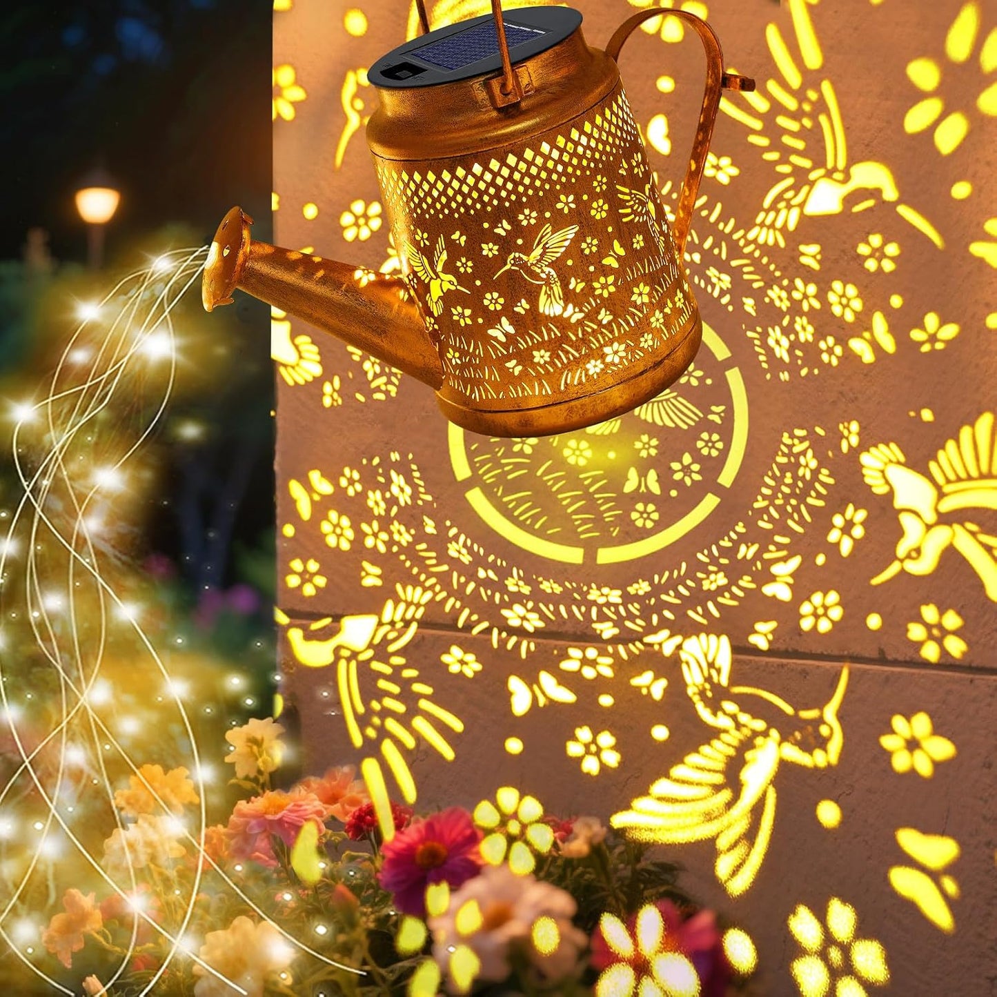 Solar Lights Outdoor Waterproof, Hummingbird Solar Watering Can with Lights