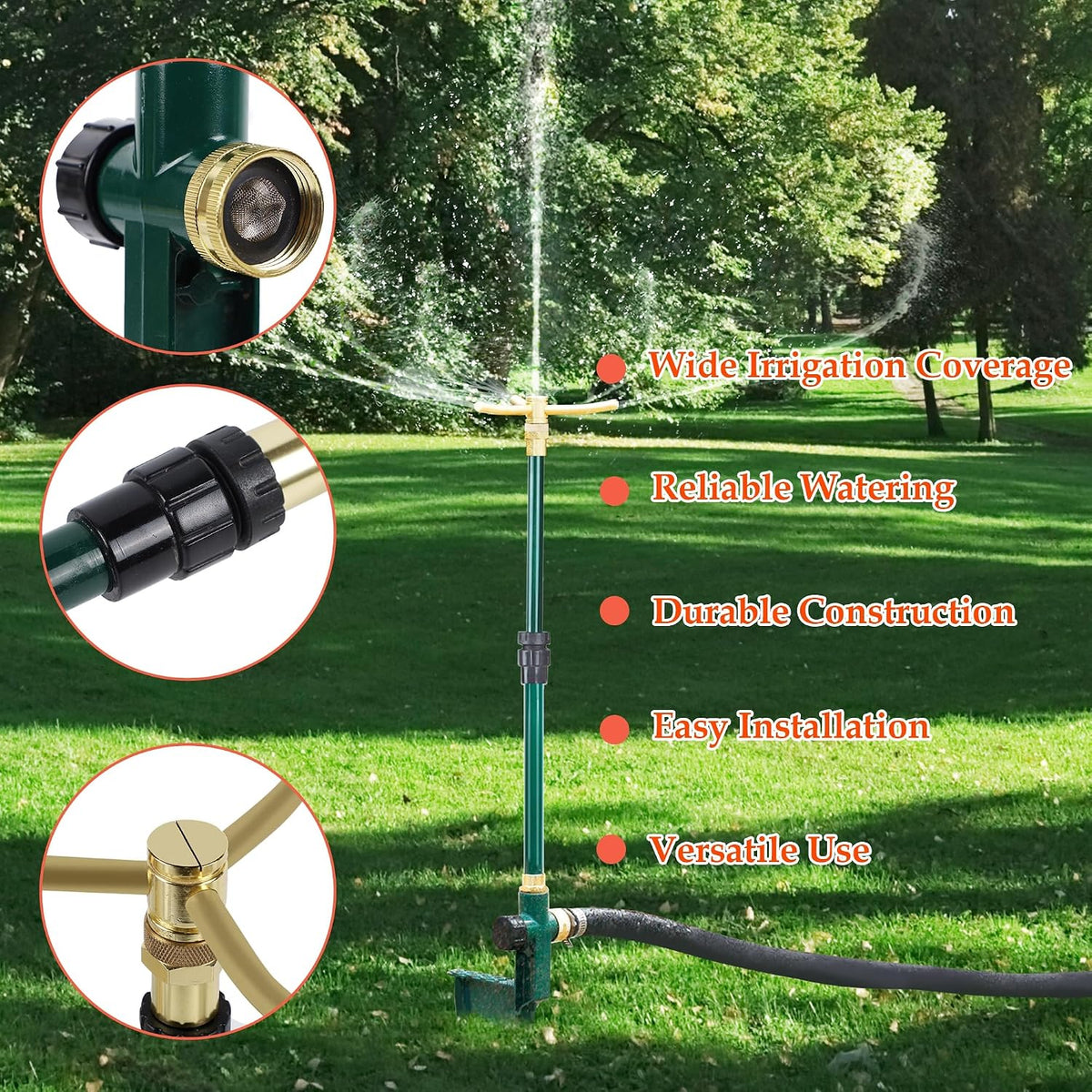 3-Arm Garden Sprinkler, High-Rise Lawn Sprinkler, 360 Degree Rotation Garden Water Sprinklers, Lawn Irrigation System, Gardening Watering System, Large Area Coverage, Green