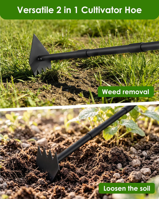 2-in-1 Hoe Garden Tool and Weed Puller Tool, 60 Inch Long Handle Garden Hoe Heavy Duty, Stainless Steel Triangle Hoe for Gardening Planting, Weeding, Digging, Loosening Soil, Sharp Edge