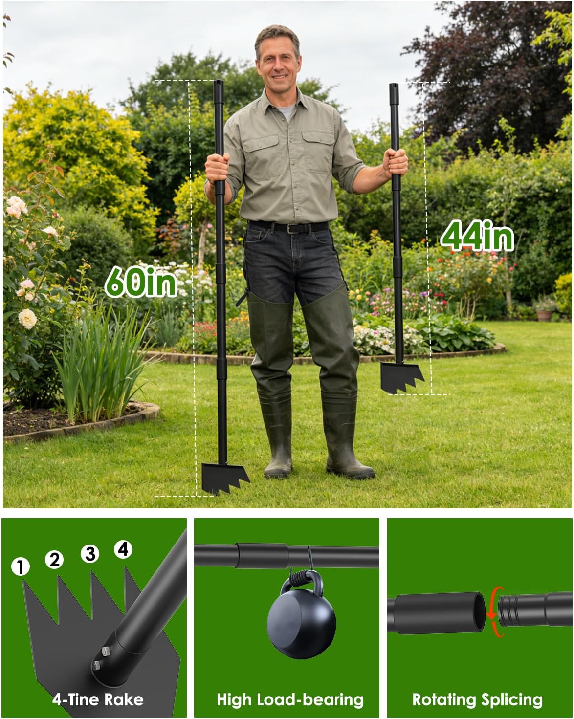 2-in-1 Hoe Garden Tool and Weed Puller Tool, 60 Inch Long Handle Garden Hoe Heavy Duty, Stainless Steel Triangle Hoe for Gardening Planting, Weeding, Digging, Loosening Soil, Sharp Edge