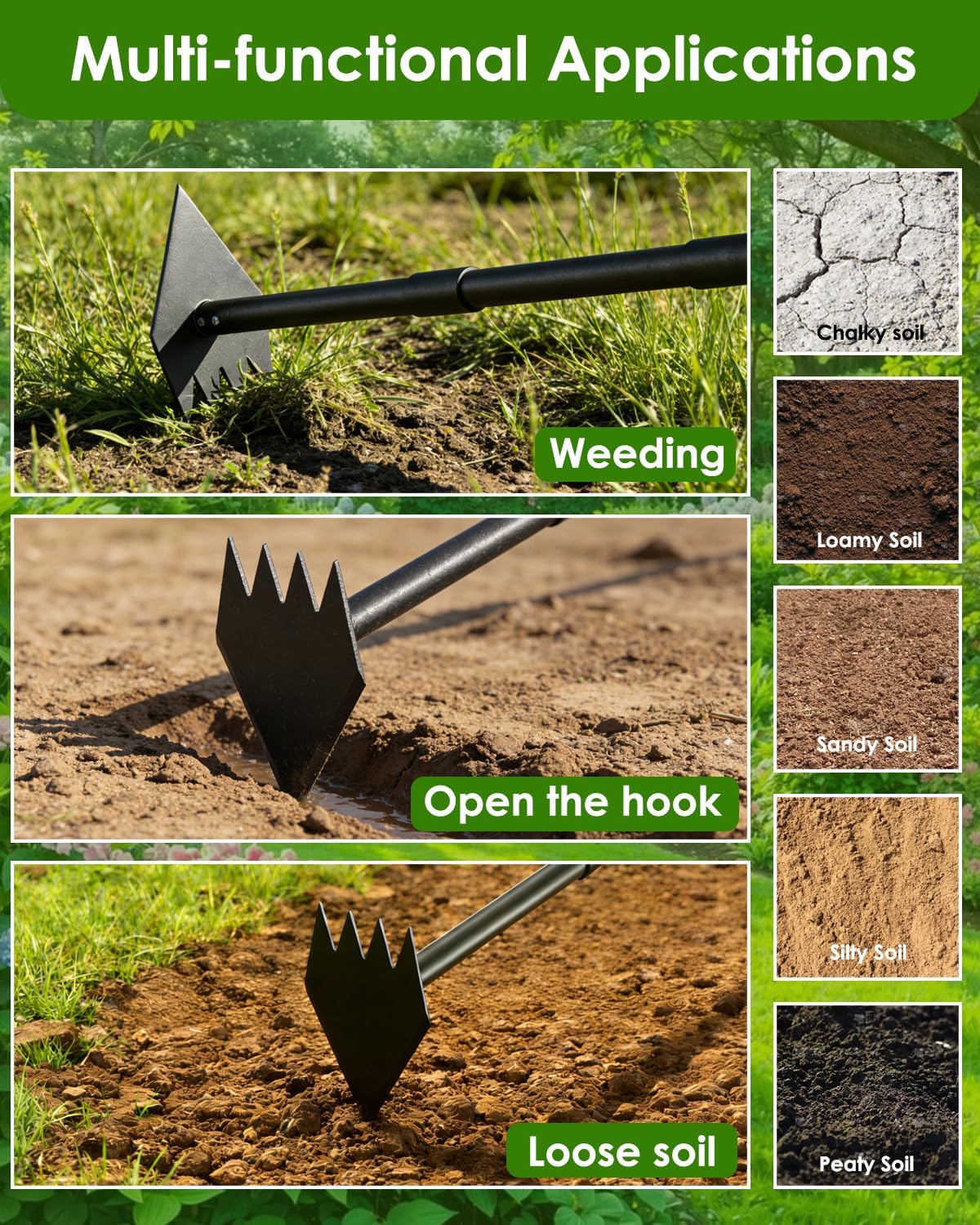 2-in-1 Hoe Garden Tool and Weed Puller Tool, 60 Inch Long Handle Garden Hoe Heavy Duty, Stainless Steel Triangle Hoe for Gardening Planting, Weeding, Digging, Loosening Soil, Sharp Edge