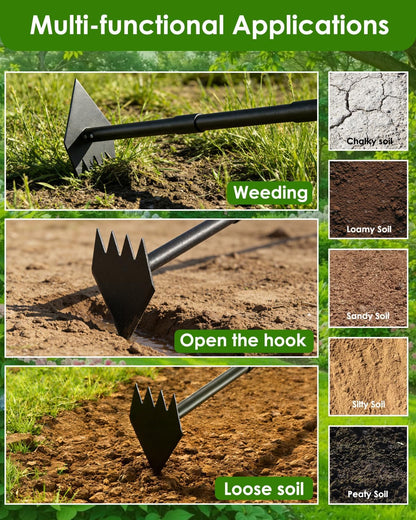 2-in-1 Hoe Garden Tool and Weed Puller Tool, 60 Inch Long Handle Garden Hoe Heavy Duty, Stainless Steel Triangle Hoe for Gardening Planting, Weeding, Digging, Loosening Soil, Sharp Edge