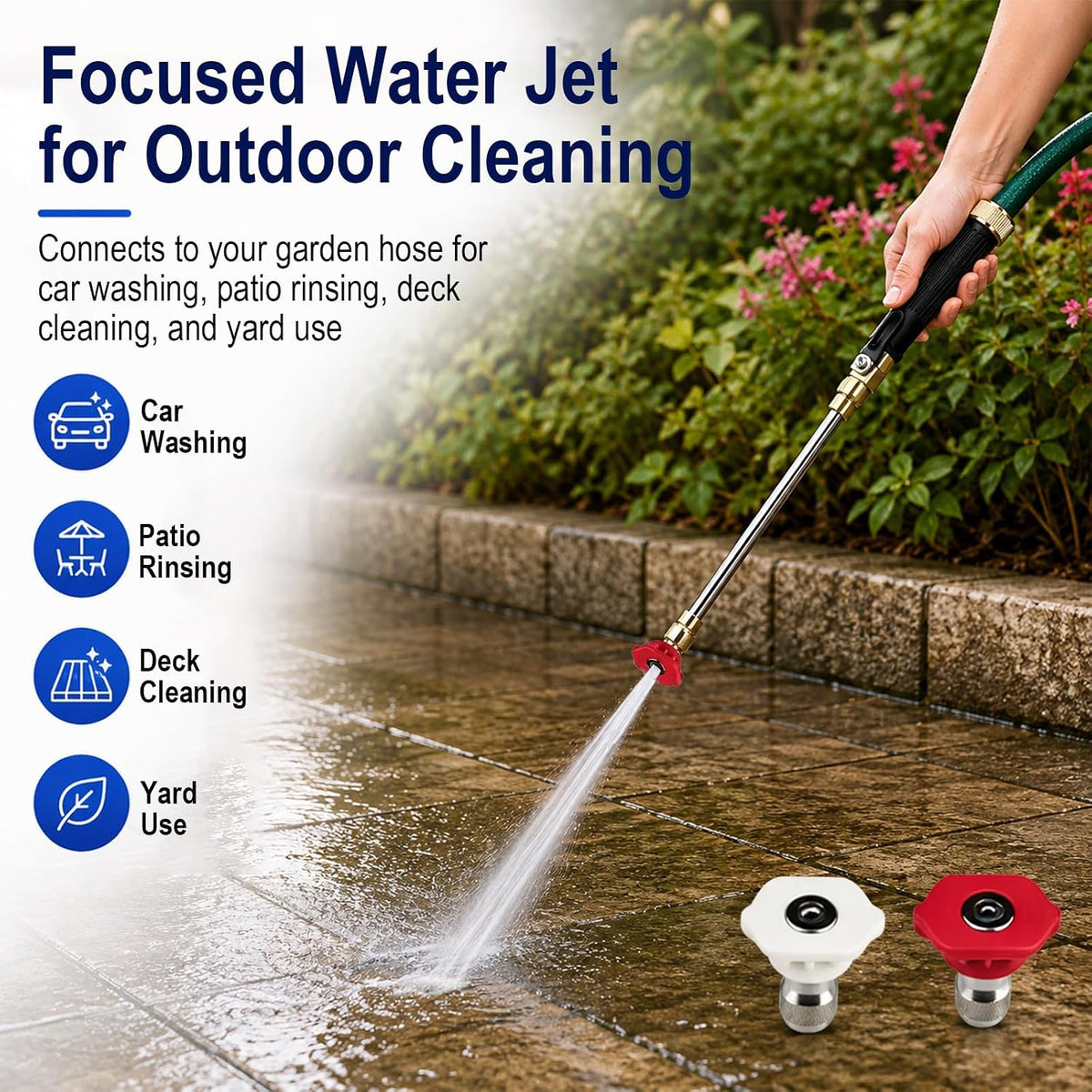 Garden Hose Nozzle Wand, Jet Spray Nozzle with Linear Jet and Fan Spray Tips, Hose Wand Attachment with Quick Connector for Car Washing, Patio, Deck, Driveway and Yard Rinsing