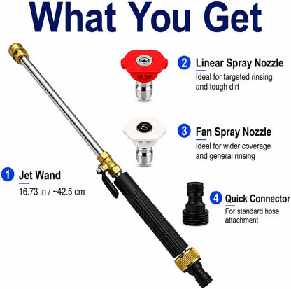 Garden Hose Nozzle Wand, Jet Spray Nozzle with Linear Jet and Fan Spray Tips, Hose Wand Attachment with Quick Connector for Car Washing, Patio, Deck, Driveway and Yard Rinsing