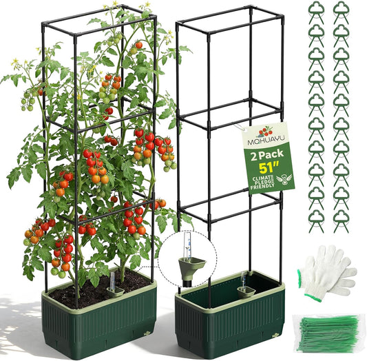 2 Pack 51" Self Watering Planter Box with Trellis, Tomato Planter Trellis for Raised Garden Bed, Tomato Cage with Visual Water Indicator, Indoor Outdoor Tomato Cages for Garden Patio