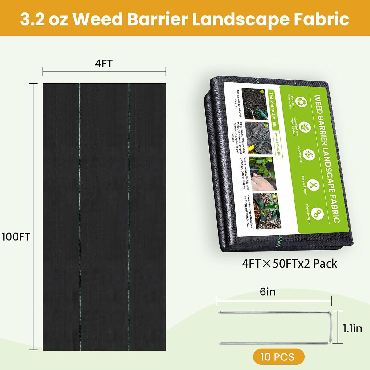6FT x 300FT Weed Barrier Fabric, 3.2oz Landscape Fabric