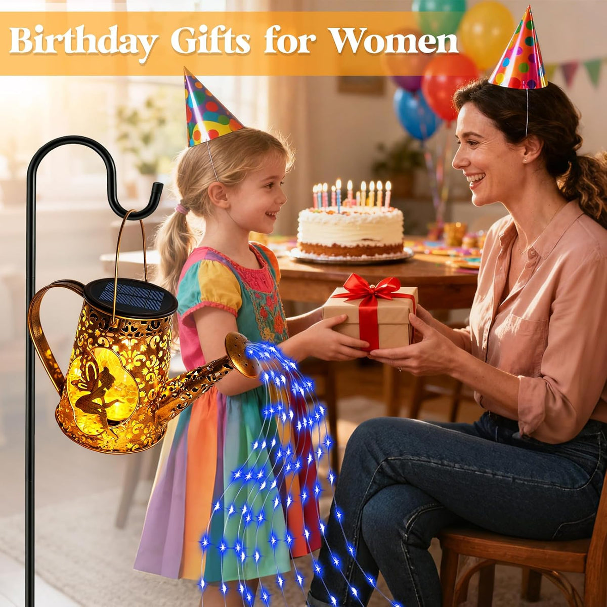 Solar Watering can with Lights, Unique Gifts for Mom Grandma Women Birthday, Waterproof Gardening Gifts Watering Can with Cascading Lights Outdoor Decor for Garden Patio Yard Pathway Backyard