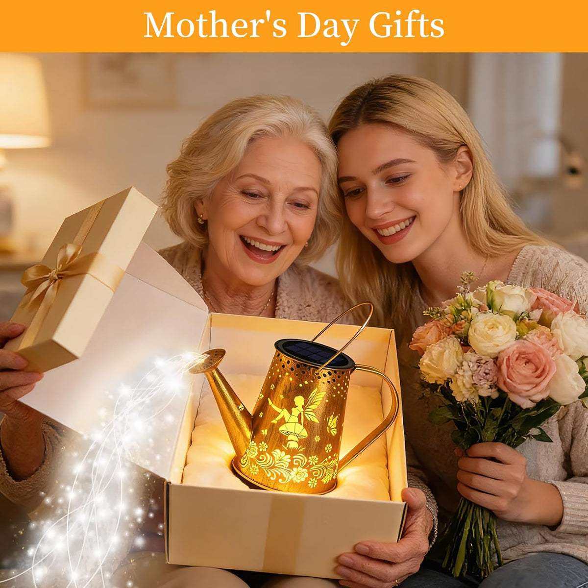 Solar Watering can with Lights, Unique Gifts for Mom Grandma Women Birthday, Waterproof Gardening Gifts Watering Can with Cascading Lights Outdoor Decor for Garden Patio Yard Pathway Backyard